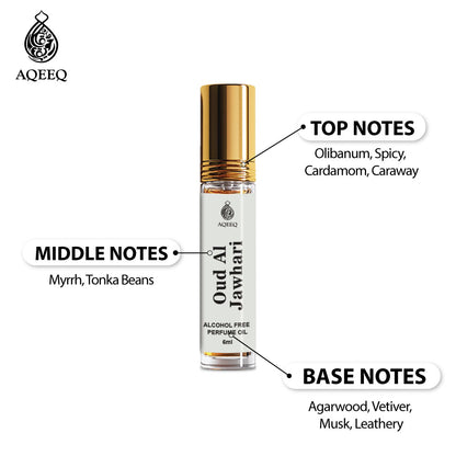 Aqeeq Oud Al Jawahari Arabic Attar For Men & Women | Spicy Agarwood Musk Oriental Long Lasting Attar Perfume Roll On | 6ml