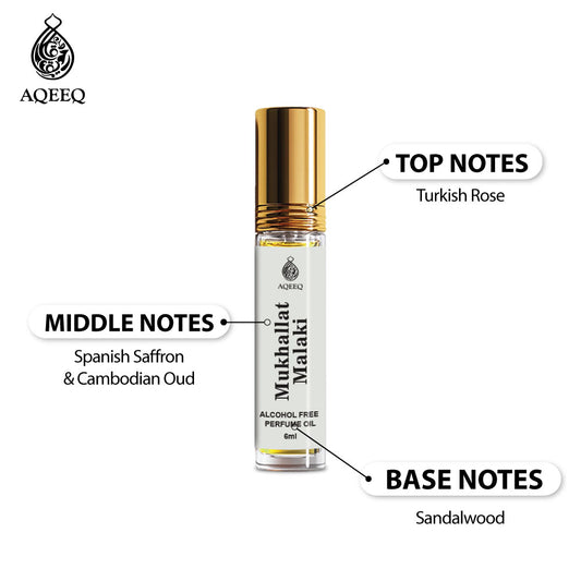 Aqeeq Mukhallat Malaki Premium Attar Roll On, 6ml | Long Lasting Arabic Attar for Men | Rose Saffron Oud Sandalwood Notes