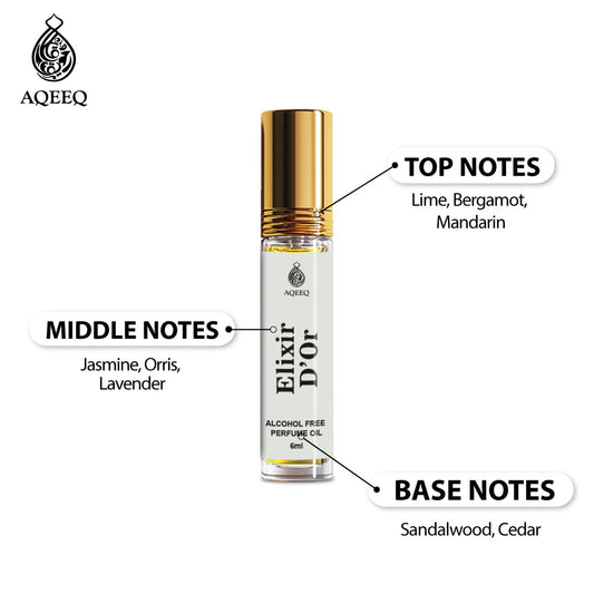 Aqeeq Elixir D'Or Unisex Attar Roll On | Long Lasting Attar For Men & Women | Lime Jasmine Sandalwood Lavender Notes | 6ml