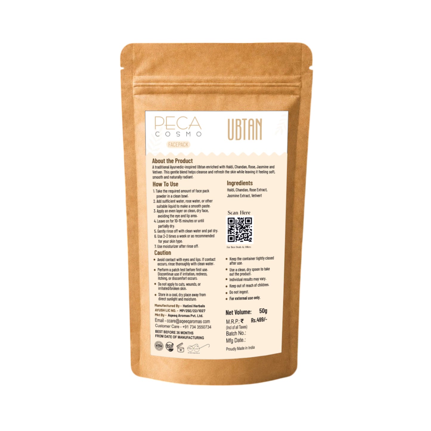 Peca Cosmo Ubtan Face Pack, 50gms | 100% Organic, Natural & Handmade | No Artificial Fragrance | Suitable For All Skin Types