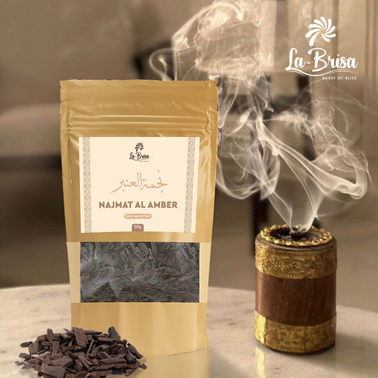La Brisa Najmat Al Amber Bakhoor Oud Muattar | Fresh Floral Musk Amber Arabic Bakhoor Incense | Oud Wood Chips | 50gms