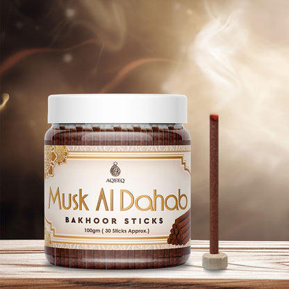 Aqeeq Musk Al Dahab Premium Bakhoor Sticks | Sweet, Floral, Woody Notes | Modern Arabian Aroma | Charcoal & Bamboo Free | Ideal for Daily Use | 100gms / 30 Sticks Approx. Stick Size - 8mm x 75mm |