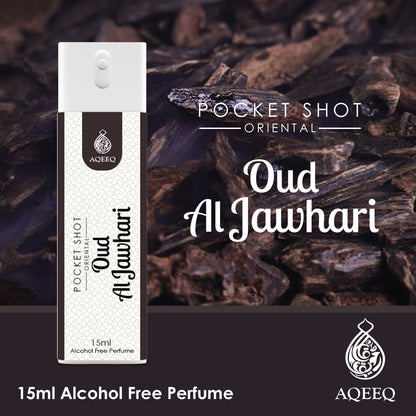 Aqeeq Oud Al Jawhari Pocket Shot, 15ml | Premium Long Lasting Unisex Alcohol Free Perfume | Spicy, Agarwood, Leathery & Musky Notes | Eau De Parfum |