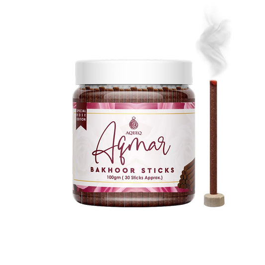 Aqeeq Aqmar Premium Bakhoor Sticks | Fragrance of Pink Rose | Modern Arabian Aroma | Charcoal & Bamboo Free | Ideal for Daily Use | 100gms / 30 Sticks Approx. Stick Size - 8mm x 75mm |