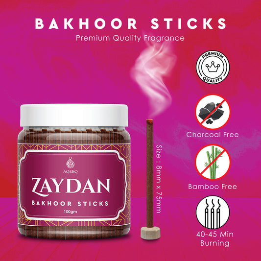 Aqeeq Zaydan Premium Bakhoor Sticks | Spicy Floral Woody Fragrance | Charcoal & Bamboo Free | 100gms