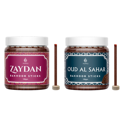 Aqeeq Zaydan & Oud Al Sahar Premium Bakhoor Sticks Combo | Arabian Oud Bakhoor for Home | Charcoal Free & Bamboo Free | 100g x 2